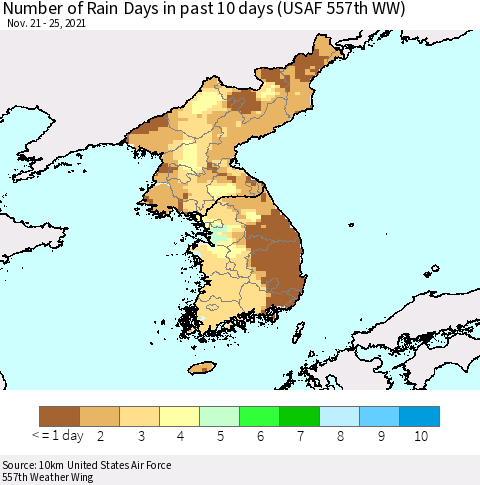 Korea Number of Rain Days in past 10 days (USAF 557th WW) Thematic Map For 11/21/2021 - 11/25/2021