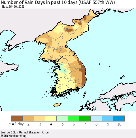 Korea Number of Rain Days in past 10 days (USAF 557th WW) Thematic Map For 11/26/2021 - 11/30/2021