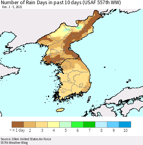 Korea Number of Rain Days in past 10 days (USAF 557th WW) Thematic Map For 12/1/2021 - 12/5/2021