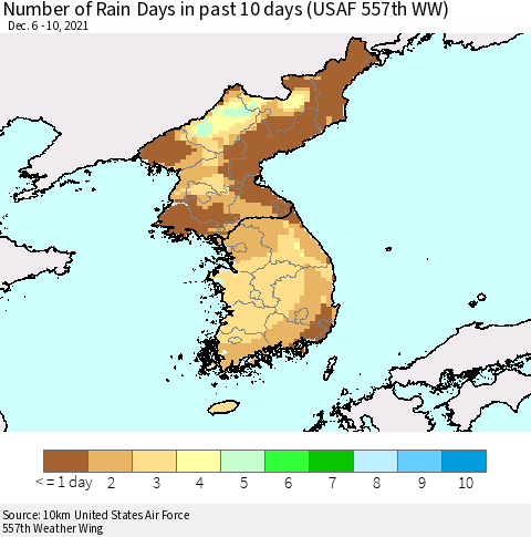 Korea Number of Rain Days in past 10 days (USAF 557th WW) Thematic Map For 12/6/2021 - 12/10/2021