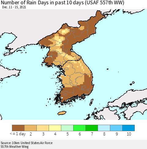 Korea Number of Rain Days in past 10 days (USAF 557th WW) Thematic Map For 12/11/2021 - 12/15/2021