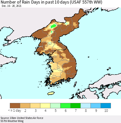 Korea Number of Rain Days in past 10 days (USAF 557th WW) Thematic Map For 12/16/2021 - 12/20/2021