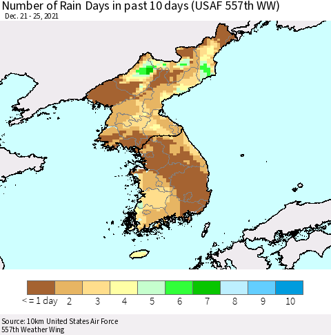 Korea Number of Rain Days in past 10 days (USAF 557th WW) Thematic Map For 12/21/2021 - 12/25/2021