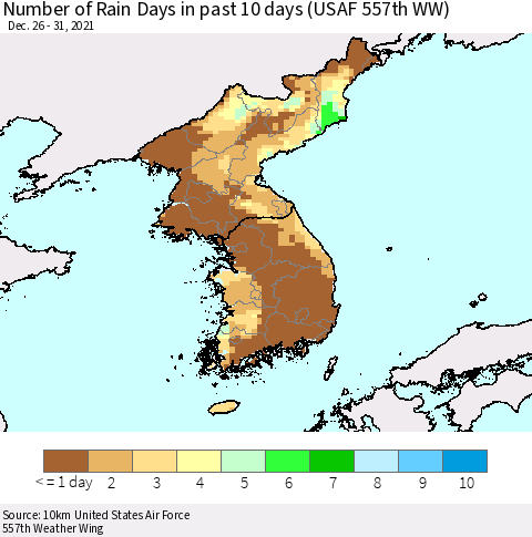 Korea Number of Rain Days in past 10 days (USAF 557th WW) Thematic Map For 12/26/2021 - 12/31/2021
