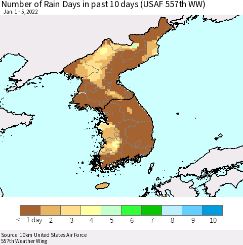 Korea Number of Rain Days in past 10 days (USAF 557th WW) Thematic Map For 1/1/2022 - 1/5/2022