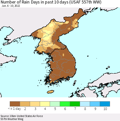 Korea Number of Rain Days in past 10 days (USAF 557th WW) Thematic Map For 1/6/2022 - 1/10/2022