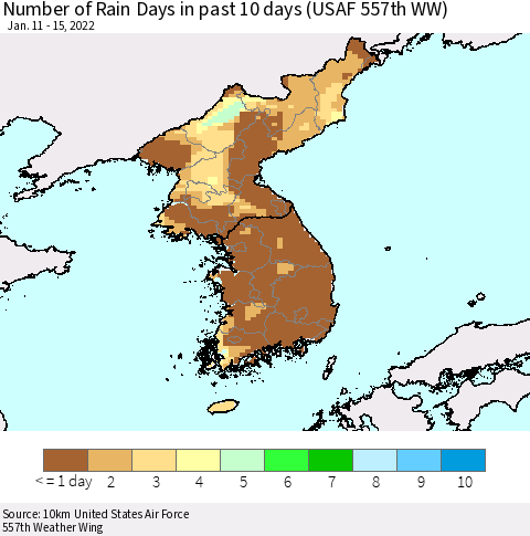 Korea Number of Rain Days in past 10 days (USAF 557th WW) Thematic Map For 1/11/2022 - 1/15/2022