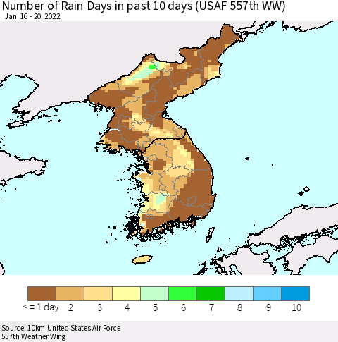 Korea Number of Rain Days in past 10 days (USAF 557th WW) Thematic Map For 1/16/2022 - 1/20/2022
