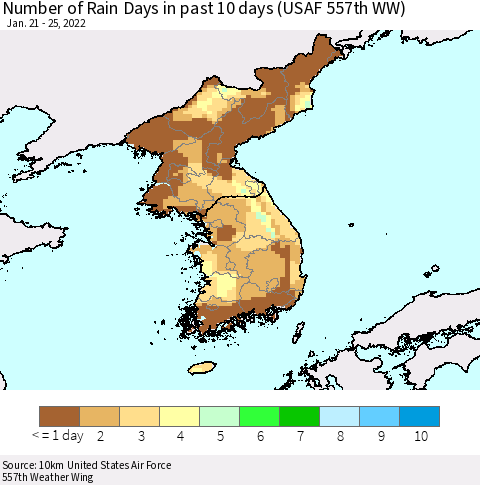 Korea Number of Rain Days in past 10 days (USAF 557th WW) Thematic Map For 1/21/2022 - 1/25/2022