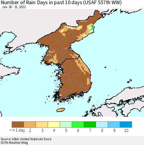 Korea Number of Rain Days in past 10 days (USAF 557th WW) Thematic Map For 1/26/2022 - 1/31/2022