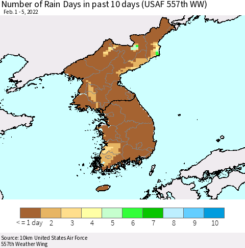 Korea Number of Rain Days in past 10 days (USAF 557th WW) Thematic Map For 2/1/2022 - 2/5/2022