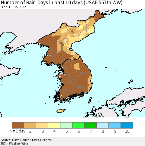 Korea Number of Rain Days in past 10 days (USAF 557th WW) Thematic Map For 2/11/2022 - 2/15/2022