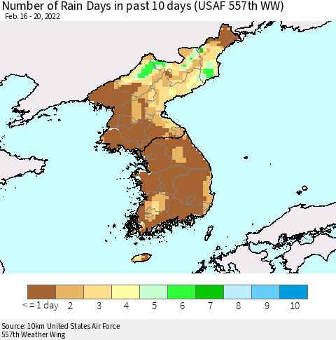 Korea Number of Rain Days in past 10 days (USAF 557th WW) Thematic Map For 2/16/2022 - 2/20/2022