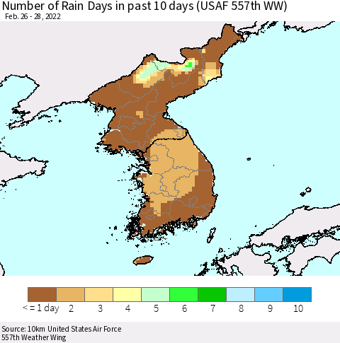 Korea Number of Rain Days in past 10 days (USAF 557th WW) Thematic Map For 2/26/2022 - 2/28/2022