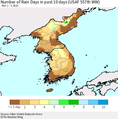 Korea Number of Rain Days in past 10 days (USAF 557th WW) Thematic Map For 3/1/2022 - 3/5/2022