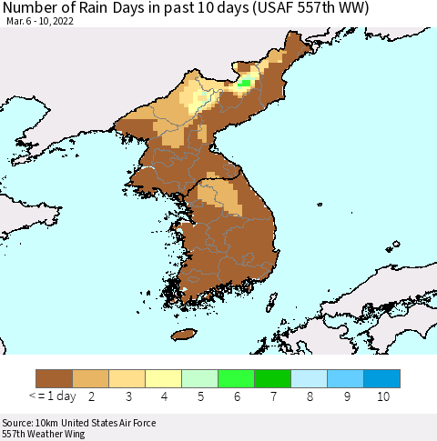 Korea Number of Rain Days in past 10 days (USAF 557th WW) Thematic Map For 3/6/2022 - 3/10/2022