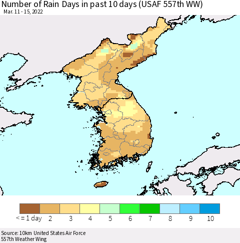 Korea Number of Rain Days in past 10 days (USAF 557th WW) Thematic Map For 3/11/2022 - 3/15/2022