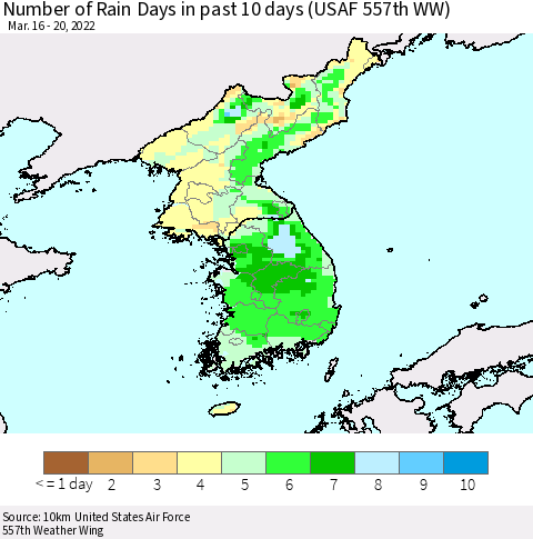 Korea Number of Rain Days in past 10 days (USAF 557th WW) Thematic Map For 3/16/2022 - 3/20/2022