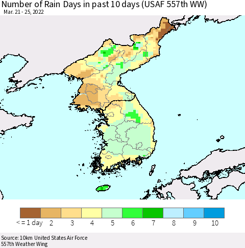 Korea Number of Rain Days in past 10 days (USAF 557th WW) Thematic Map For 3/21/2022 - 3/25/2022
