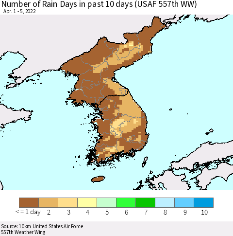 Korea Number of Rain Days in past 10 days (USAF 557th WW) Thematic Map For 4/1/2022 - 4/5/2022