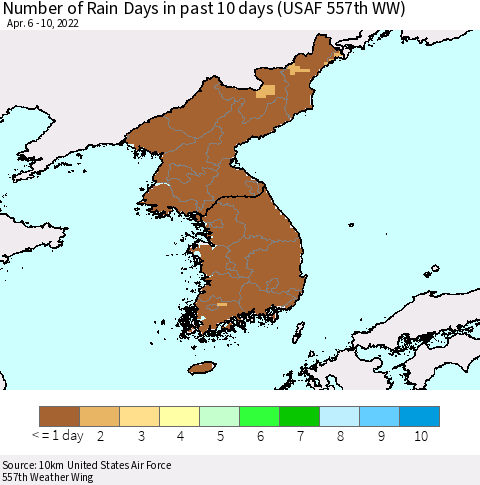 Korea Number of Rain Days in past 10 days (USAF 557th WW) Thematic Map For 4/6/2022 - 4/10/2022