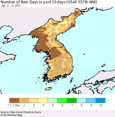 Korea Number of Rain Days in past 10 days (USAF 557th WW) Thematic Map For 4/11/2022 - 4/15/2022