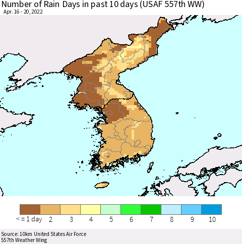 Korea Number of Rain Days in past 10 days (USAF 557th WW) Thematic Map For 4/16/2022 - 4/20/2022