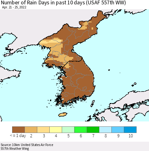 Korea Number of Rain Days in past 10 days (USAF 557th WW) Thematic Map For 4/21/2022 - 4/25/2022