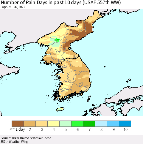 Korea Number of Rain Days in past 10 days (USAF 557th WW) Thematic Map For 4/26/2022 - 4/30/2022