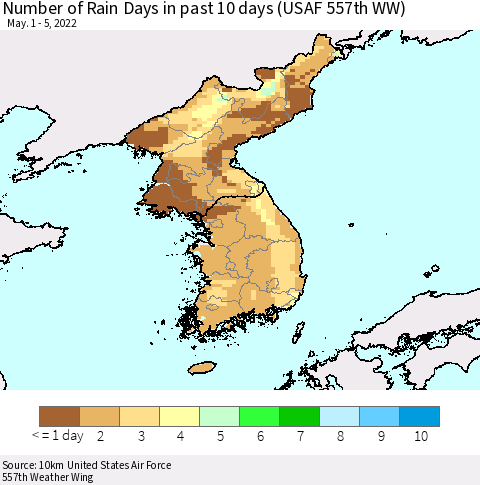 Korea Number of Rain Days in past 10 days (USAF 557th WW) Thematic Map For 5/1/2022 - 5/5/2022