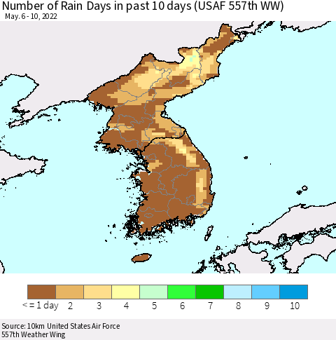 Korea Number of Rain Days in past 10 days (USAF 557th WW) Thematic Map For 5/6/2022 - 5/10/2022