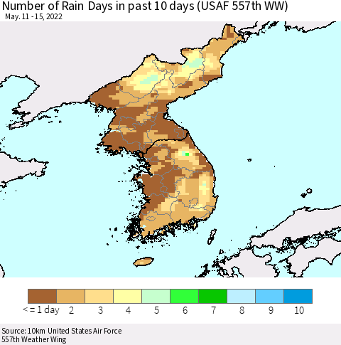 Korea Number of Rain Days in past 10 days (USAF 557th WW) Thematic Map For 5/11/2022 - 5/15/2022