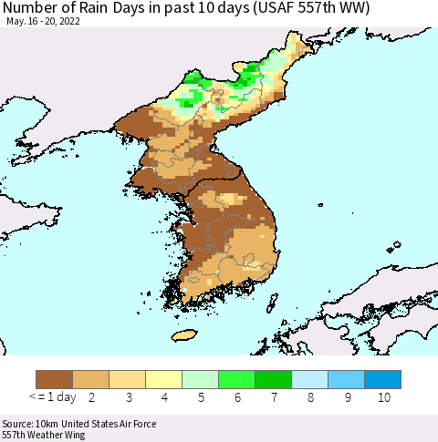Korea Number of Rain Days in past 10 days (USAF 557th WW) Thematic Map For 5/16/2022 - 5/20/2022