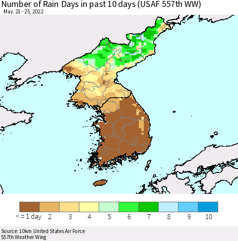 Korea Number of Rain Days in past 10 days (USAF 557th WW) Thematic Map For 5/21/2022 - 5/25/2022