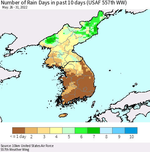 Korea Number of Rain Days in past 10 days (USAF 557th WW) Thematic Map For 5/26/2022 - 5/31/2022