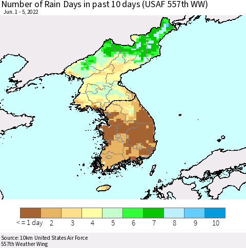 Korea Number of Rain Days in past 10 days (USAF 557th WW) Thematic Map For 6/1/2022 - 6/5/2022