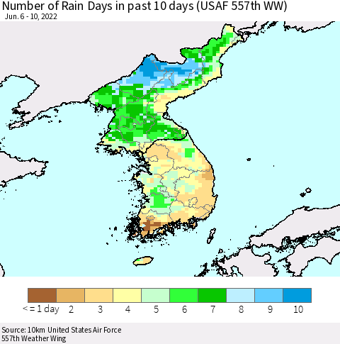 Korea Number of Rain Days in past 10 days (USAF 557th WW) Thematic Map For 6/6/2022 - 6/10/2022