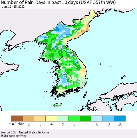Korea Number of Rain Days in past 10 days (USAF 557th WW) Thematic Map For 6/11/2022 - 6/15/2022