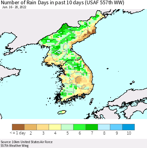 Korea Number of Rain Days in past 10 days (USAF 557th WW) Thematic Map For 6/16/2022 - 6/20/2022