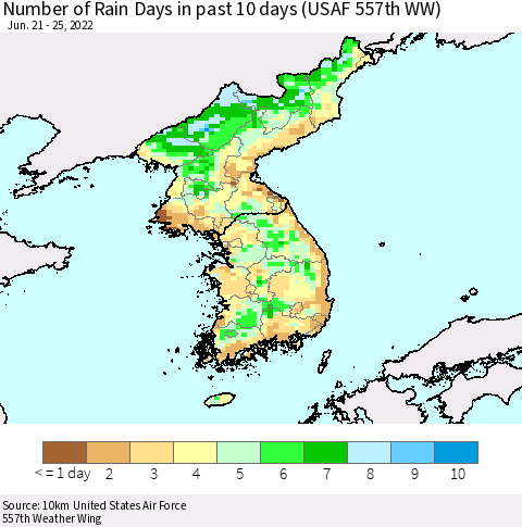Korea Number of Rain Days in past 10 days (USAF 557th WW) Thematic Map For 6/21/2022 - 6/25/2022