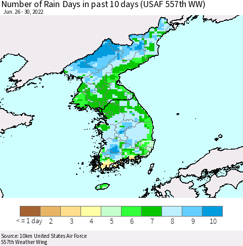 Korea Number of Rain Days in past 10 days (USAF 557th WW) Thematic Map For 6/26/2022 - 6/30/2022