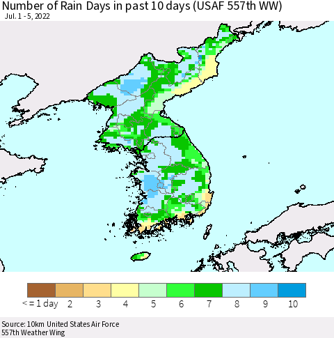 Korea Number of Rain Days in past 10 days (USAF 557th WW) Thematic Map For 7/1/2022 - 7/5/2022
