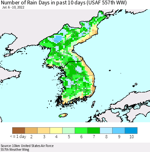 Korea Number of Rain Days in past 10 days (USAF 557th WW) Thematic Map For 7/6/2022 - 7/10/2022
