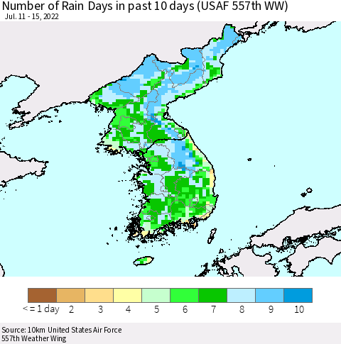 Korea Number of Rain Days in past 10 days (USAF 557th WW) Thematic Map For 7/11/2022 - 7/15/2022