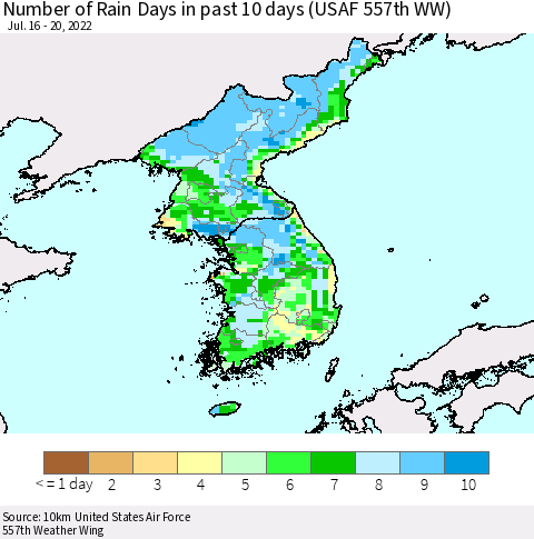 Korea Number of Rain Days in past 10 days (USAF 557th WW) Thematic Map For 7/16/2022 - 7/20/2022