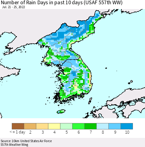 Korea Number of Rain Days in past 10 days (USAF 557th WW) Thematic Map For 7/21/2022 - 7/25/2022