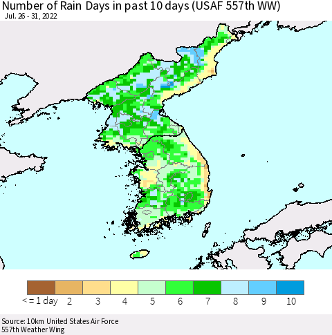 Korea Number of Rain Days in past 10 days (USAF 557th WW) Thematic Map For 7/26/2022 - 7/31/2022