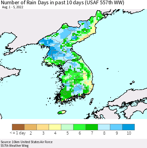 Korea Number of Rain Days in past 10 days (USAF 557th WW) Thematic Map For 8/1/2022 - 8/5/2022