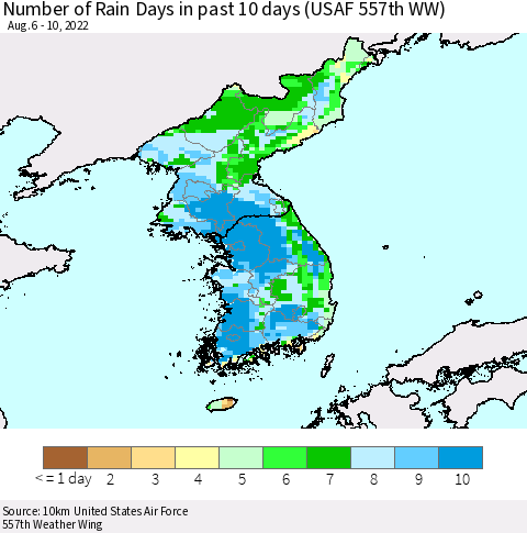 Korea Number of Rain Days in past 10 days (USAF 557th WW) Thematic Map For 8/6/2022 - 8/10/2022