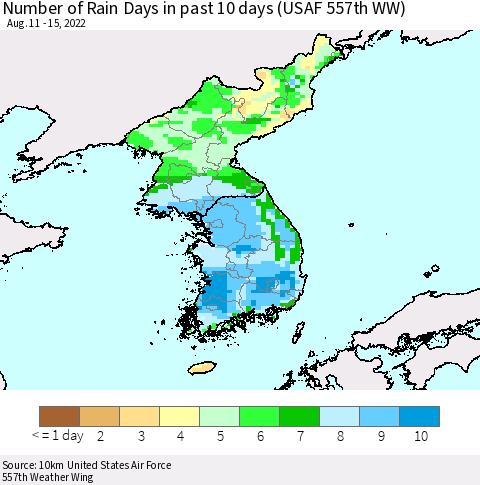 Korea Number of Rain Days in past 10 days (USAF 557th WW) Thematic Map For 8/11/2022 - 8/15/2022